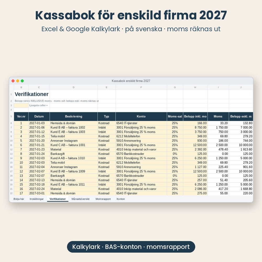 Kassabok för enskild firma 2027 – Excel & Google Sheets (svenska, moms & BAS-konton)