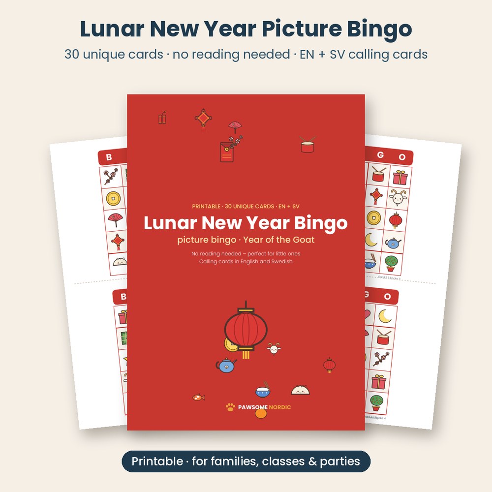 Lunar New Year Picture Bingo – 30 Printable Cards (EN + SV)