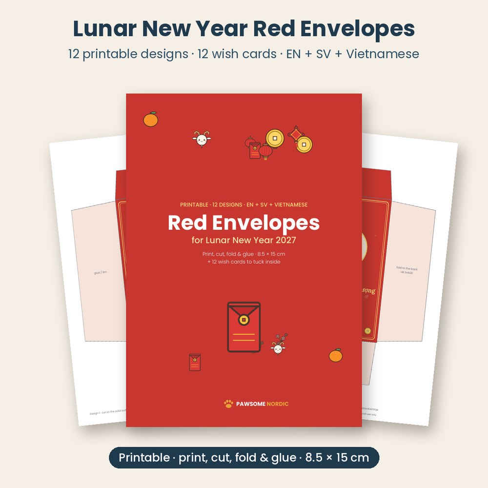 Lunar New Year Red Envelopes – 12 Printable Designs + Wish Cards (Tết 2027)