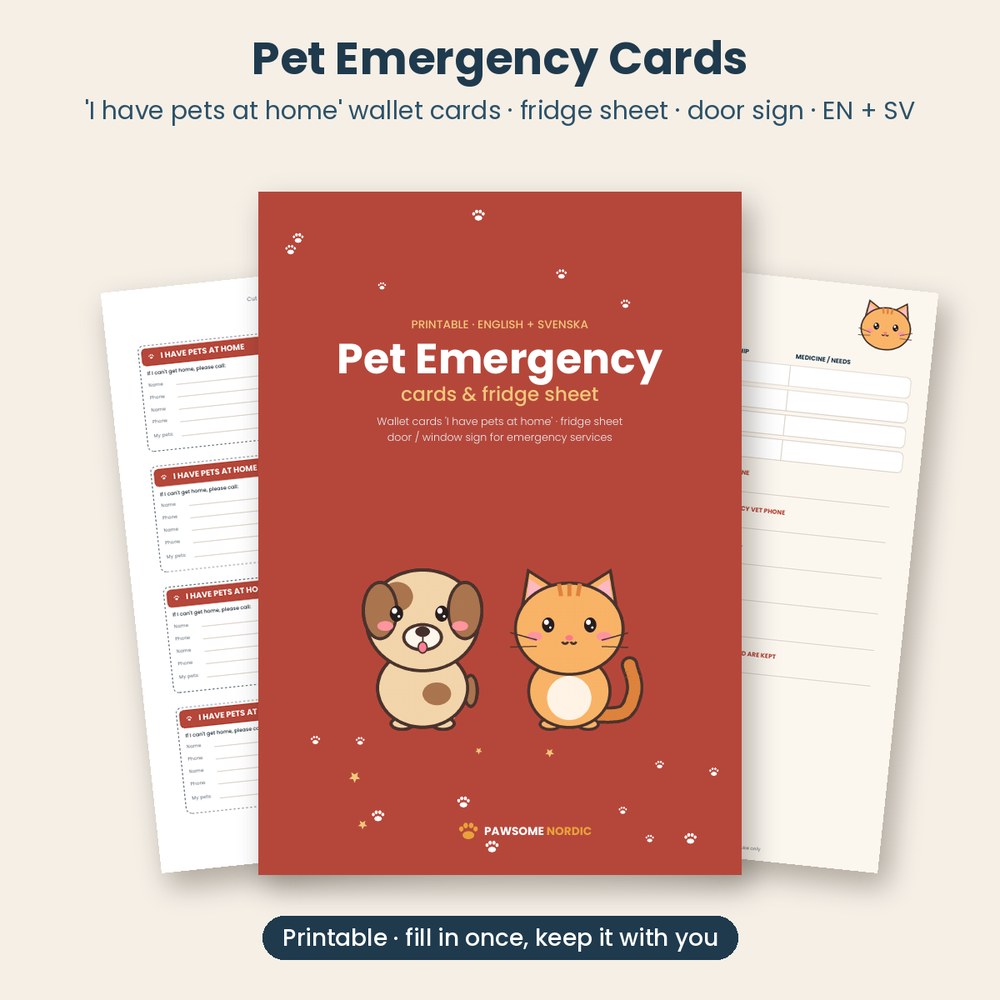 Pet Emergency Cards & Fridge Sheet – 'I Have Pets at Home' Wallet Cards (EN + SV)
